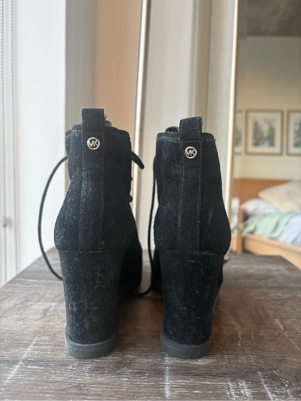 Michael Kors Black Suede Lace-Up Wedge Ankle Boots